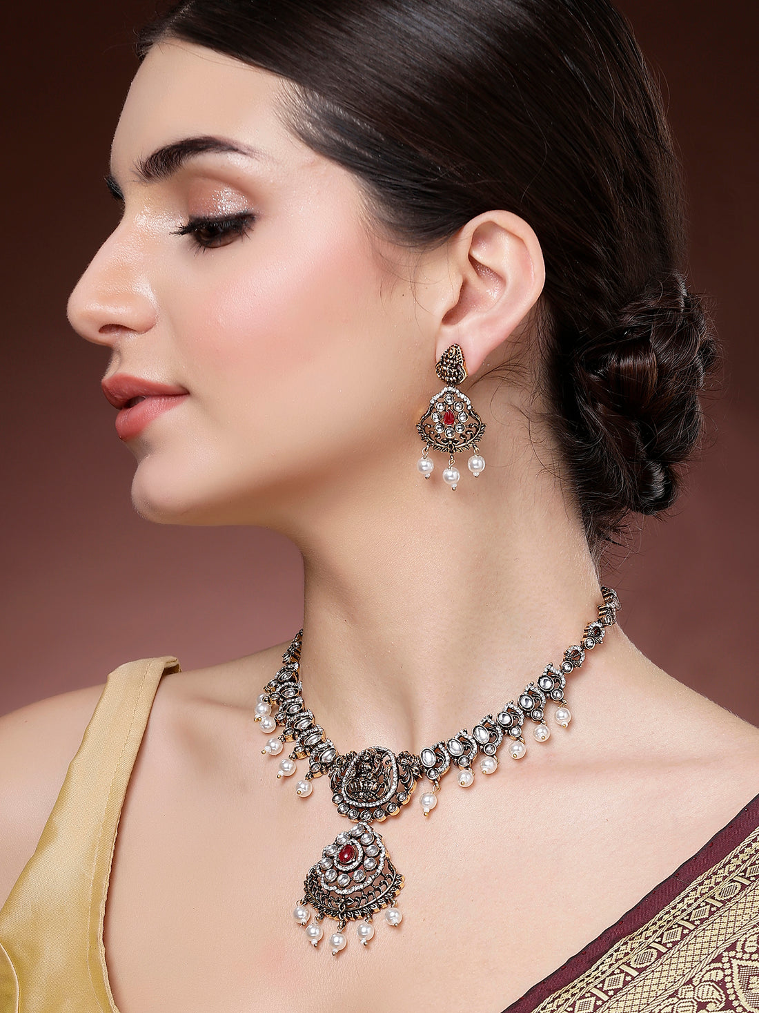 Karatcart Antique Gold Plated Red Stone Temple Jewellery Set for Women