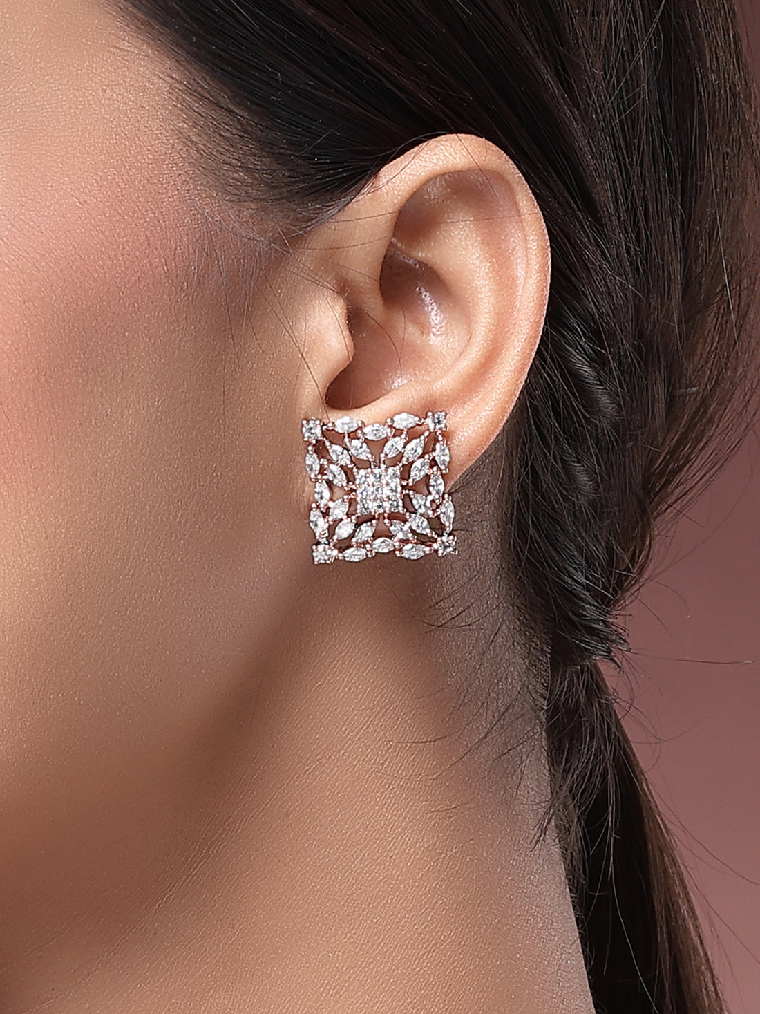 Karatcart Rose Gold and Black Plated American Diamond Stud Earrings for Women