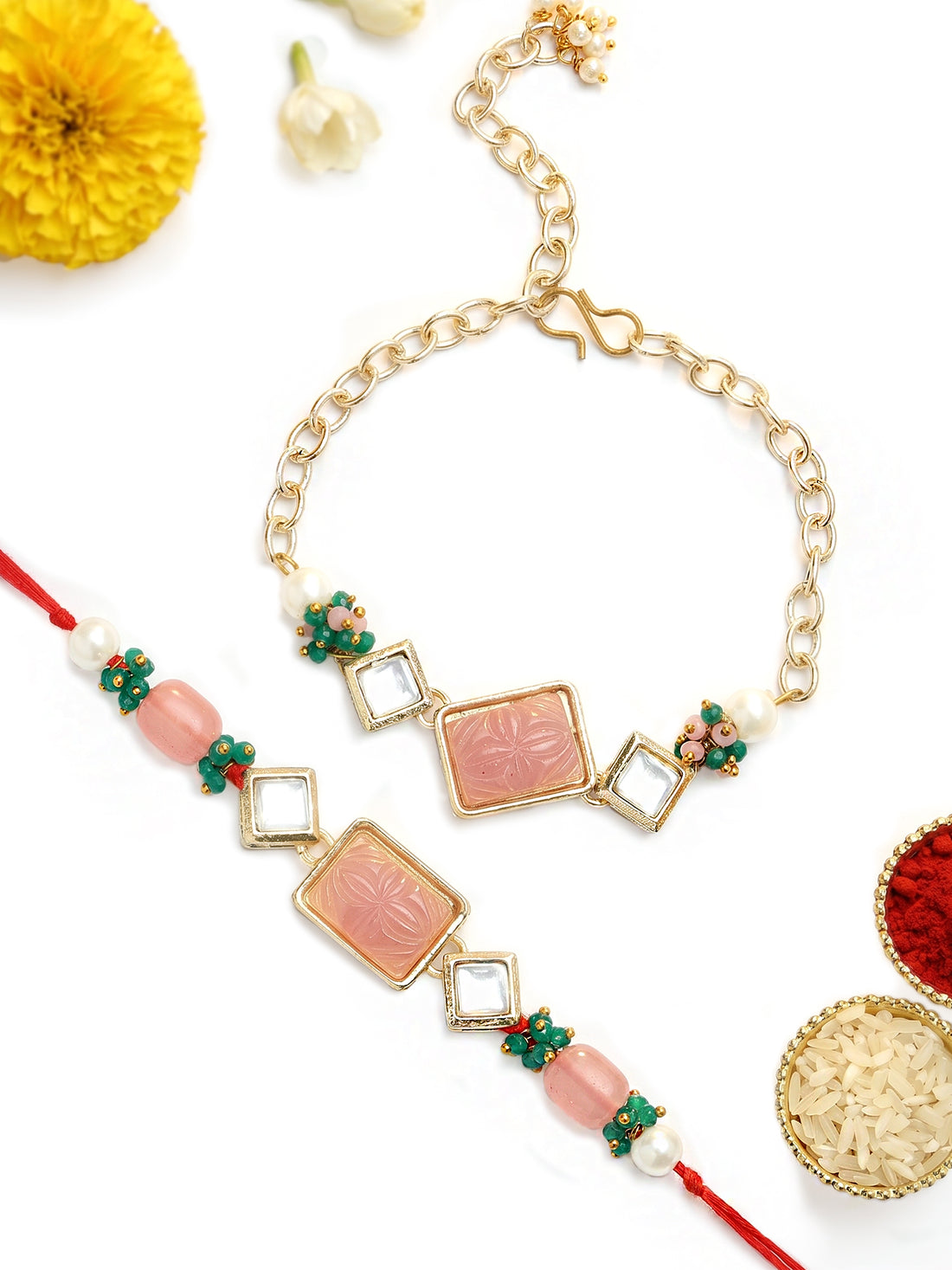 KARATCART Pink Carved Stone Green Crystal Handmade Kundan Bhaiya Bhabhi Rakhi with Roli & Chawal
