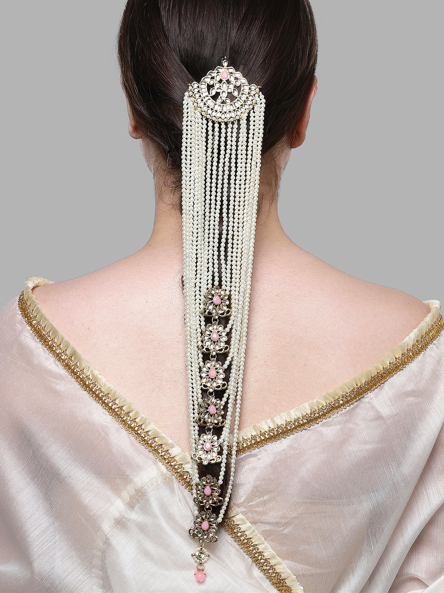 Karatcart Gold Plated Pink Kundan and Pearl Bridal Wedding Hair Braid Choti