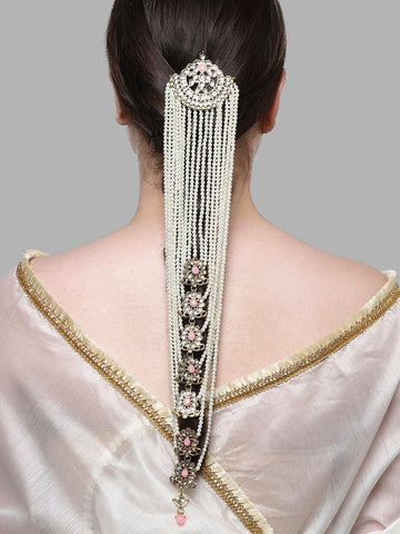 Karatcart Gold Plated Pink Kundan and Pearl Bridal Wedding Hair Braid Choti