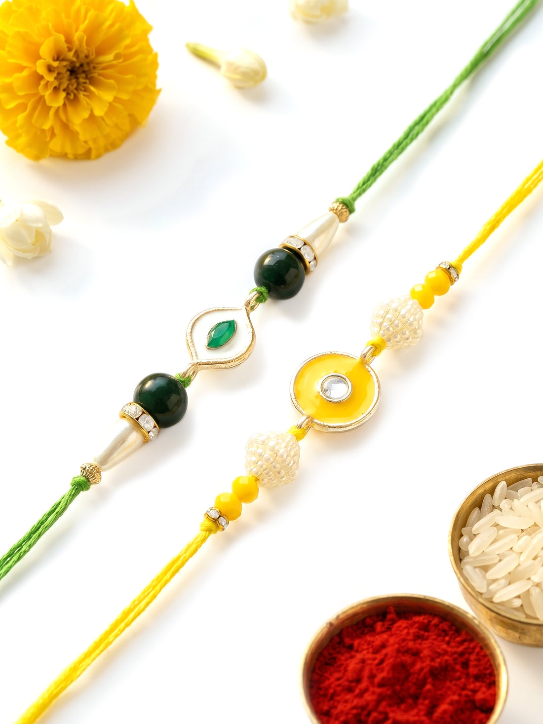 KARATCART Set of 2 Green and Yellow Evil Eye Handmade Kundan Rakhi for Brother with Roli & Chawal