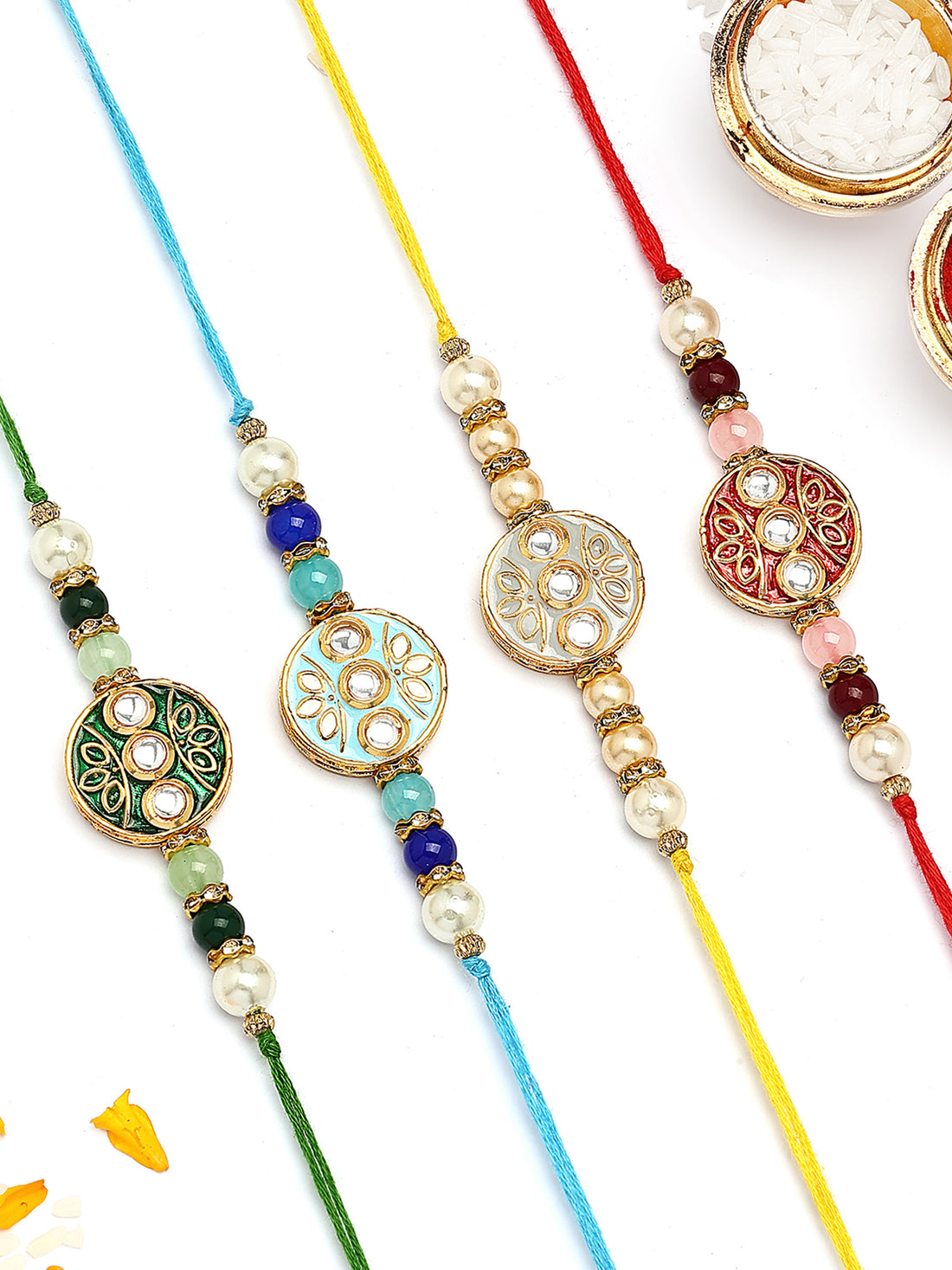 KARATCART Set of 4 Round Floral Design Enamel Kundan Rakhi for Brother with Roli & Chawal