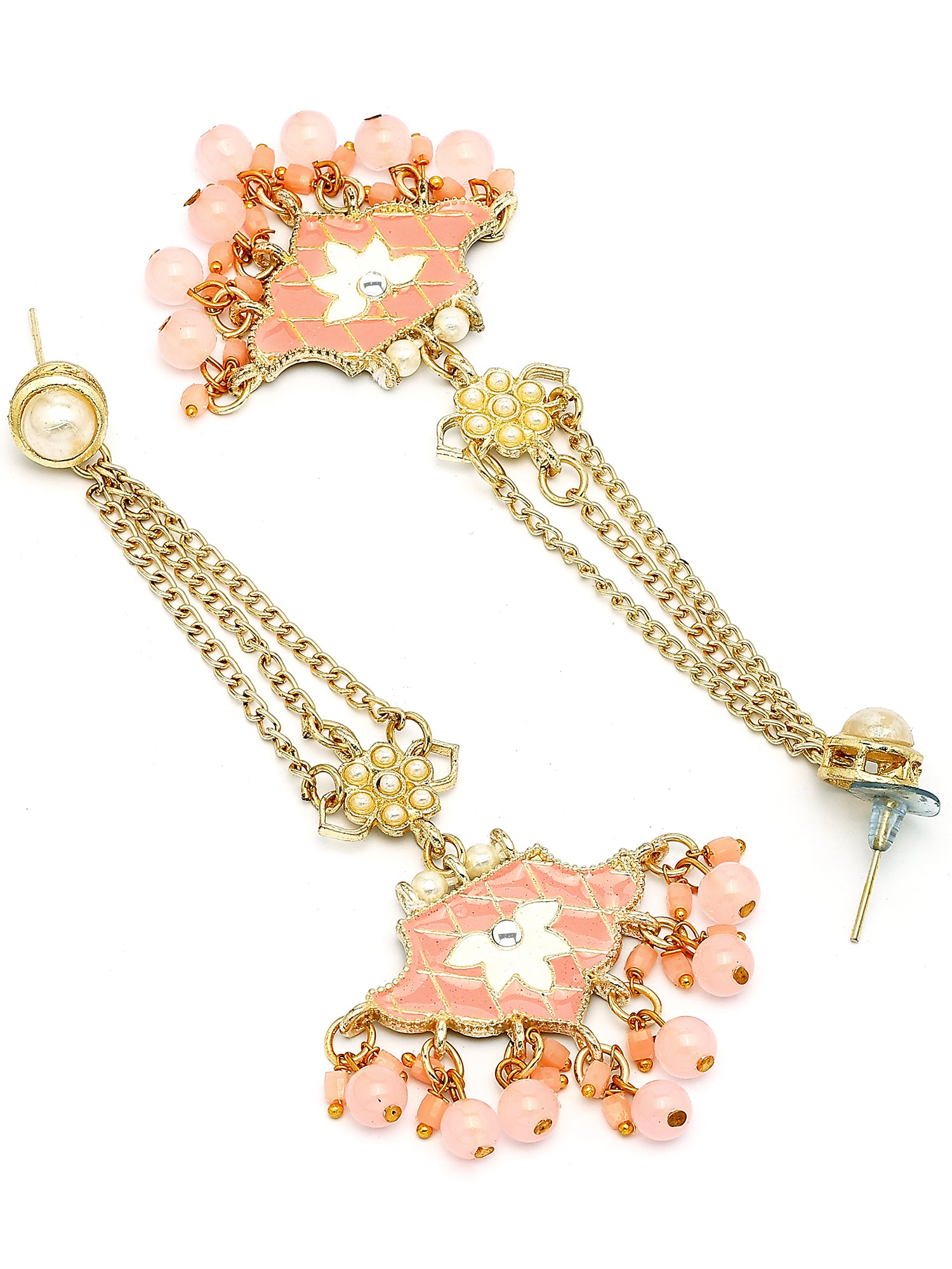 KARATCART Designer Gold-Plated Pink Meena and Floral Kundan Drop Earrings for Women - view 5