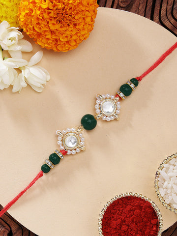 KARATCART Fashionable Gold Plated Green Beads Handmade Kundan Rakhi for Brother with Roli & Chawal