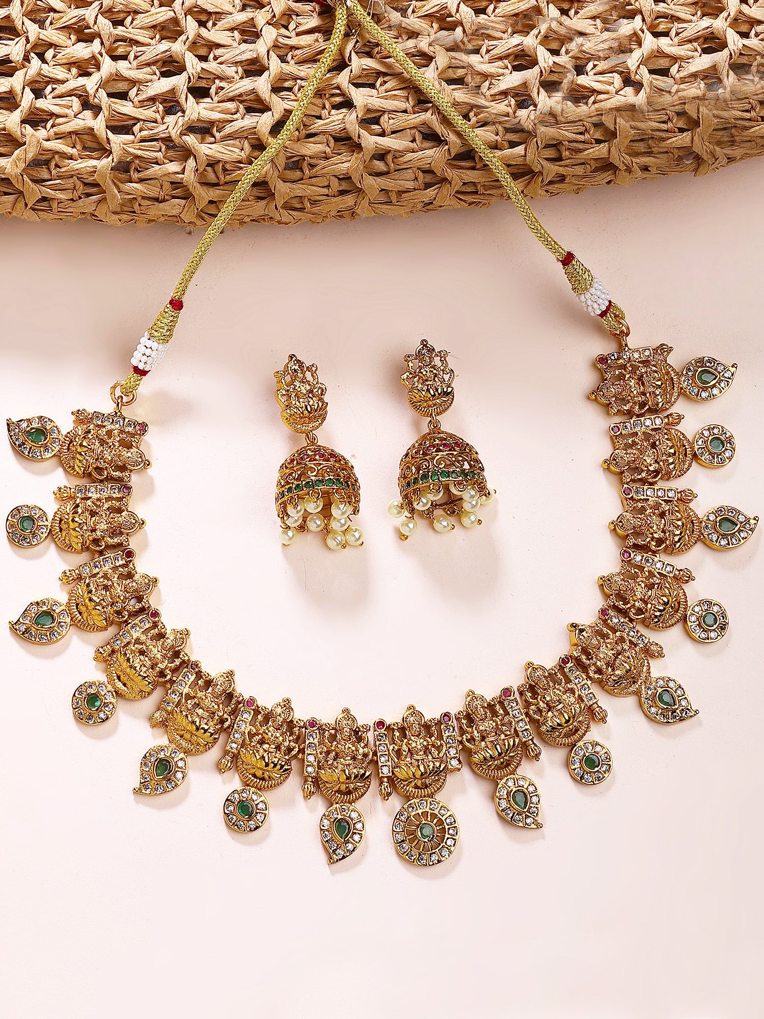 KARATCART Traditional Gold-Plated Green Stones Laxmi Mata Temple Jewellery Set for Women