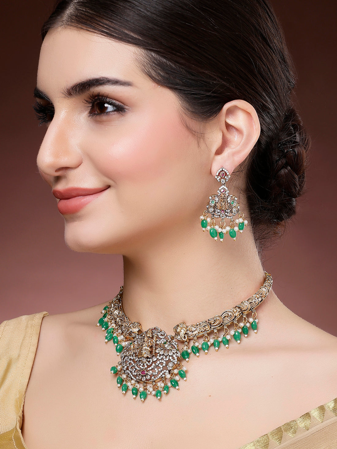 Karatcart Antique Gold Plated Green Tumble AD Temple Jewellery Set for Women