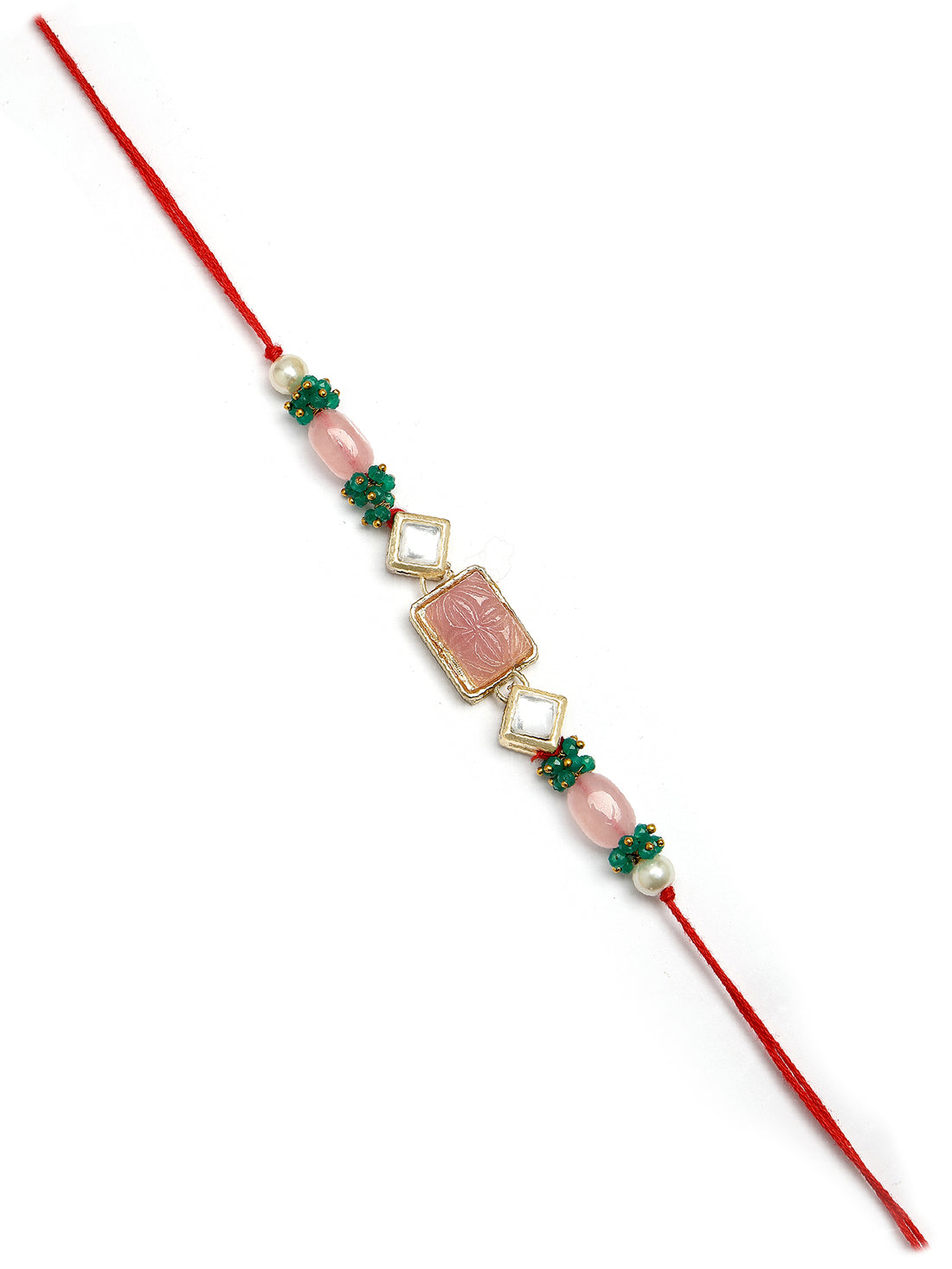 KARATCART Set of 2 Pink Carved Stone Floral Handmade Kundan Rakhi for Brother with Roli & Chawal
