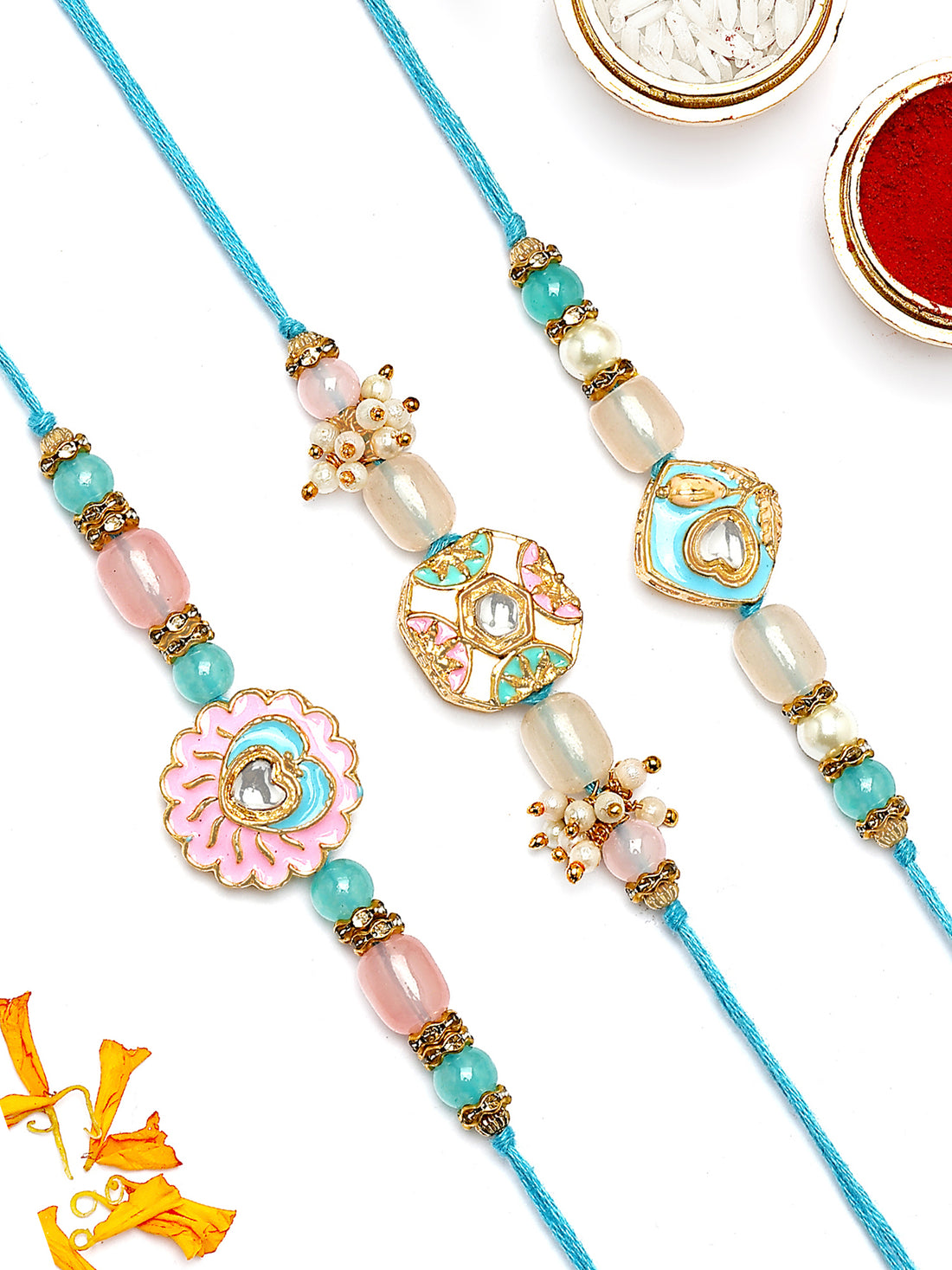 KARATCART Set of 3 Pink and Blue Enamel Kundan Rakhi for Brother with Roli & Chawal