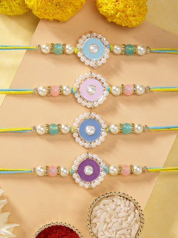 KARATCART Set of 4 Handmade Meenakari Evil Eye Kundan Rakhis for Brother with Roli & Chawal