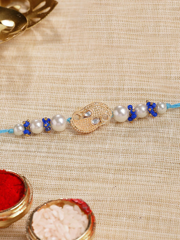 KARATCART Gold Plated Fish Design Blue Crystal Kundan Bhaiya Rakhi with Roli & Chawal
