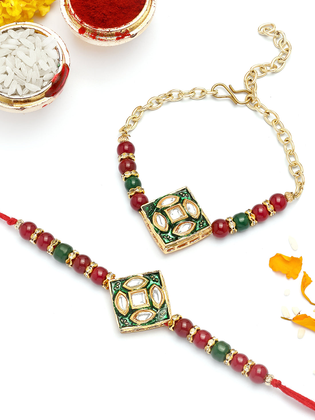 KARATCART Red and Green Beads Polki Kundan Bhaiya Bhabhi Rakhi with Roli & Chawal