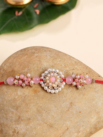 KARATCART Gold Plated Pink Crystal Kundan Bhaiya Rakhi with Roli & Chawal