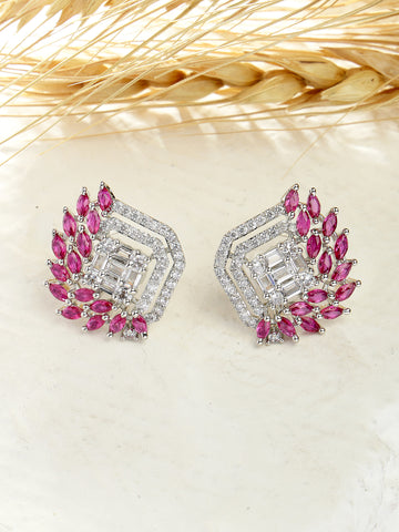 Karatcart Silver Tone Pink American Diamond Stone Leaf Design Stud Earrings for Women