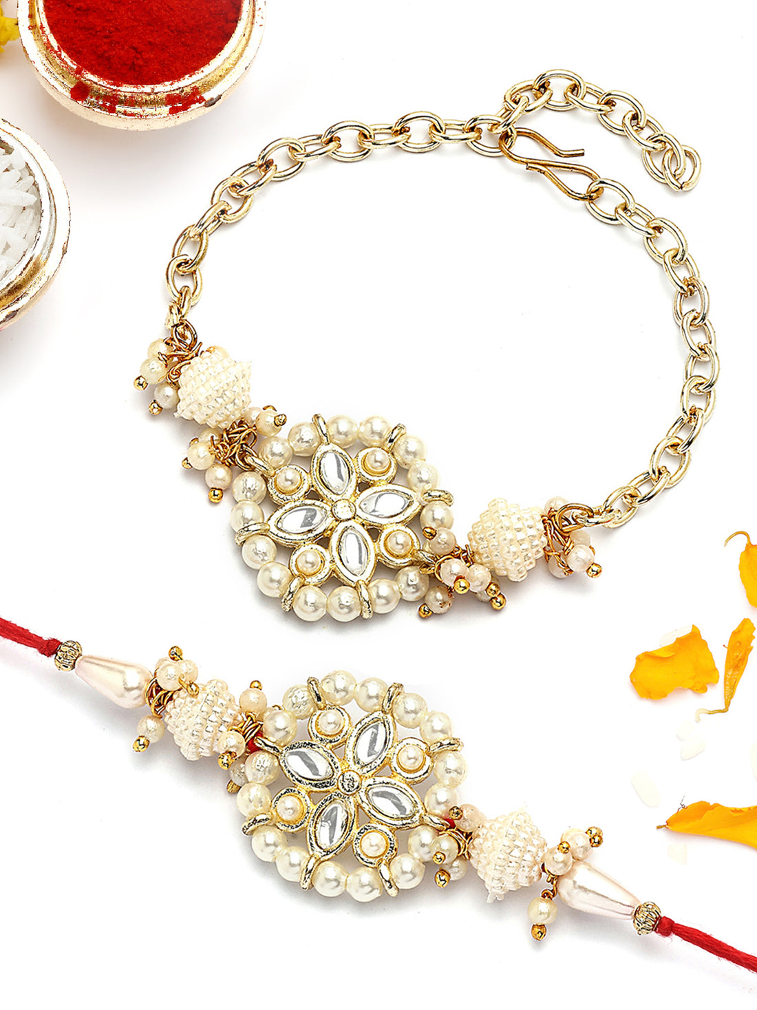 KARATCART Gold Plated Pearl Studded Floral Kundan Bhaiya Bhabhi Rakhi with Roli & Chawal