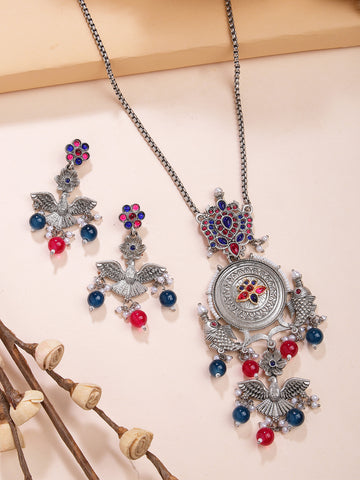 Karatcart Oxidized Silver Pendant Set with Blue and Red Beads for Women