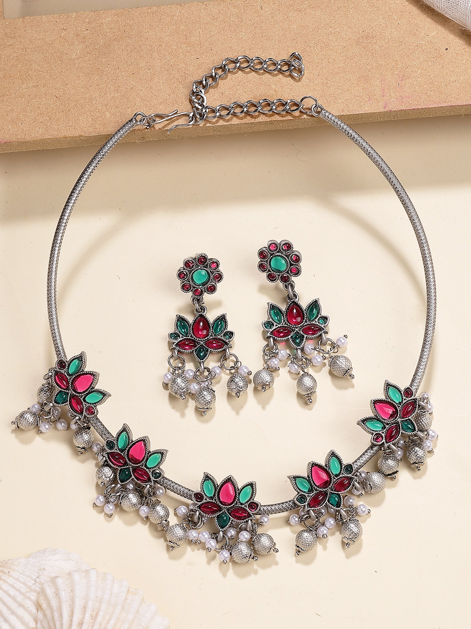 Karatcart Oxidised Silver Plated Red and Green Stone Hasli Necklace Set for Women