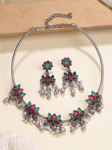 Karatcart Oxidised Silver Plated Red and Green Stone Hasli Necklace Set for Women