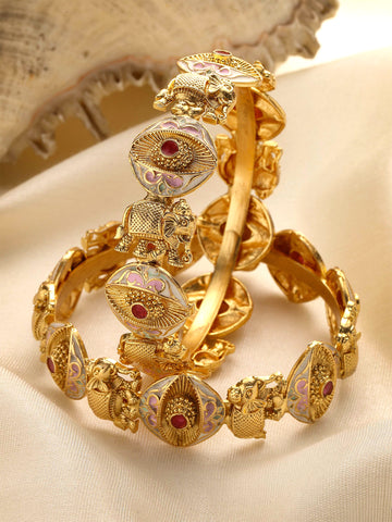 Karatcart Set of 2 Gold Plated Evil Eye Design Meena Bangles for Women
