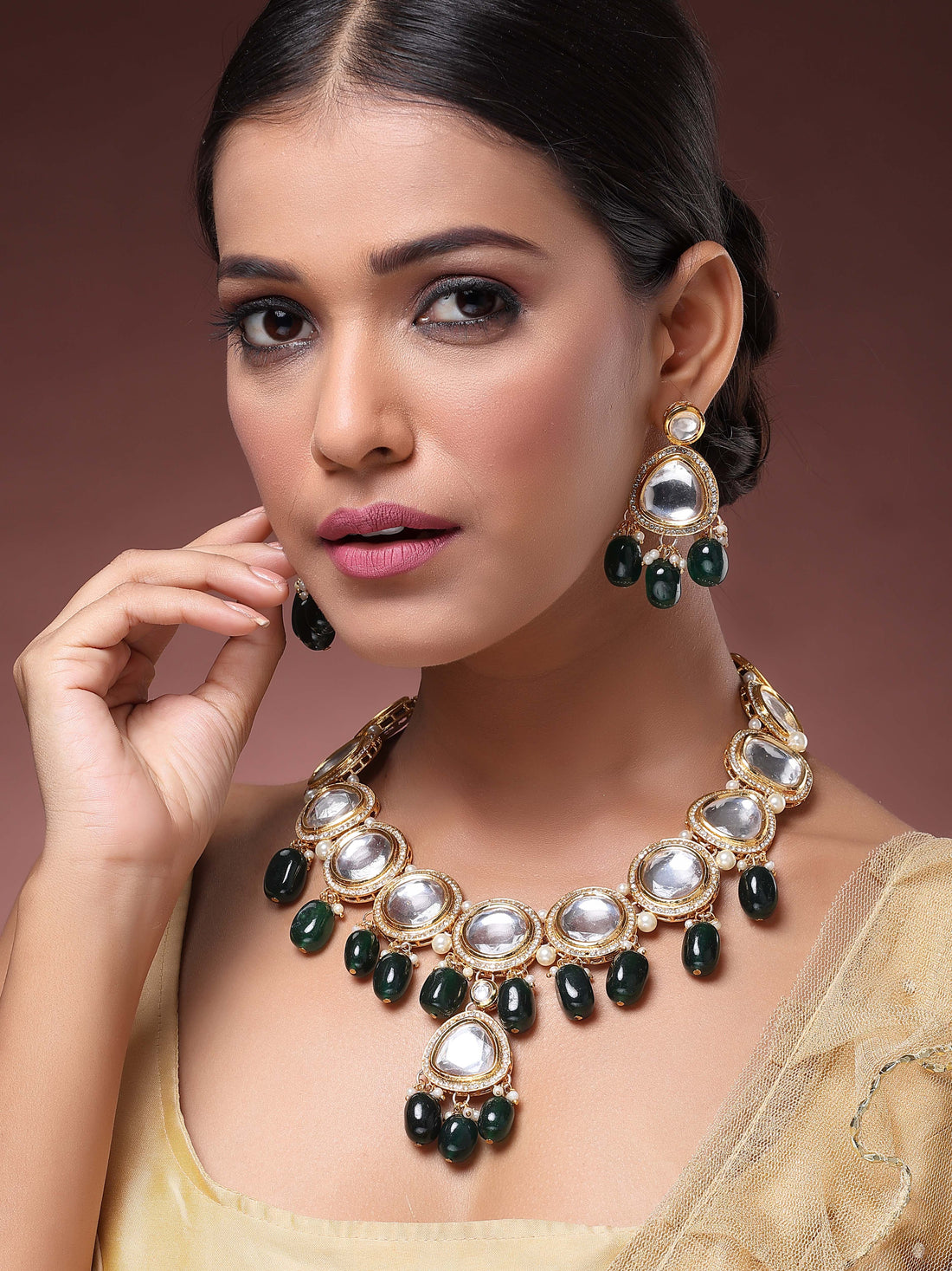 Karatcart Green Tumble Polki Kundan Rani Haar Necklace Set for Women
