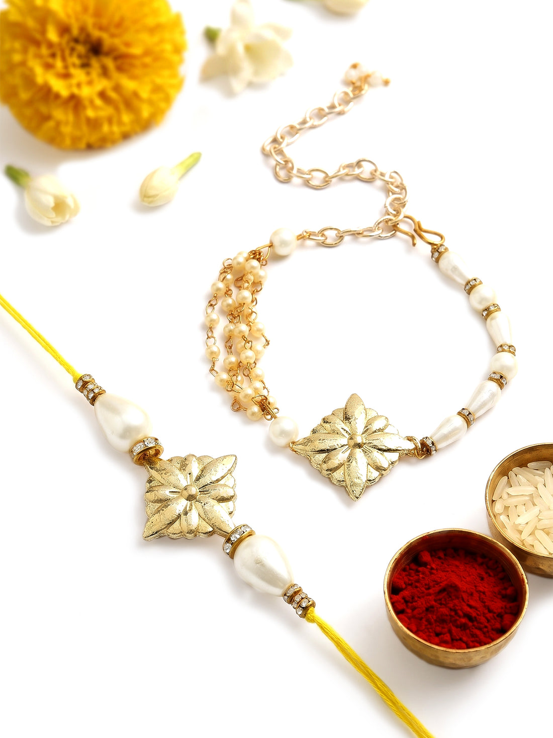 KARATCART Pearl Beaded Floral Design Handmade Kundan Bhaiya Bhabhi Rakhi with Roli and Chawal
