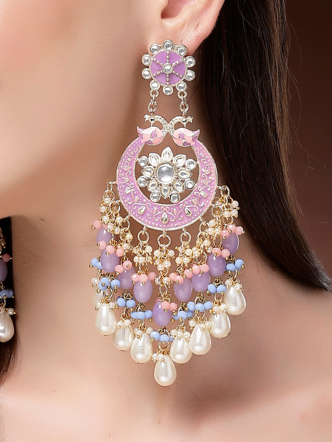 Karatcart Designer Purple & Pink Meenakari Gold-Plated Dangler Earrings with Pearl and Beads