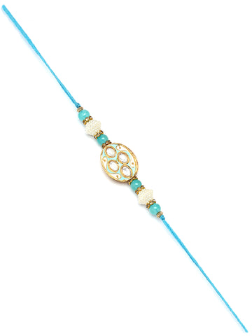 Karatcart Set of 4 Oval Floral Design Enamel Kundan Rakhi for Brother with Roli & Chawal