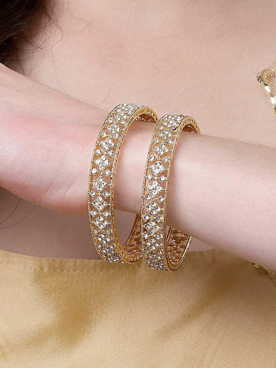 Karatcart American Diamond Studded Gold Plated Set of 2 Bangles for Women