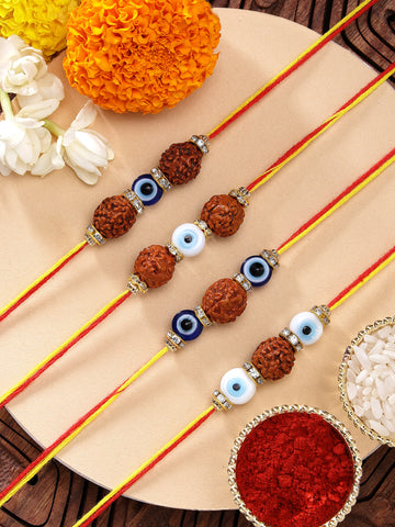 KARATCART Set of 4 Handmade Rudraksha Meenakari Evil Eye Kundan Rakhis for Brother with Roli and Chawal