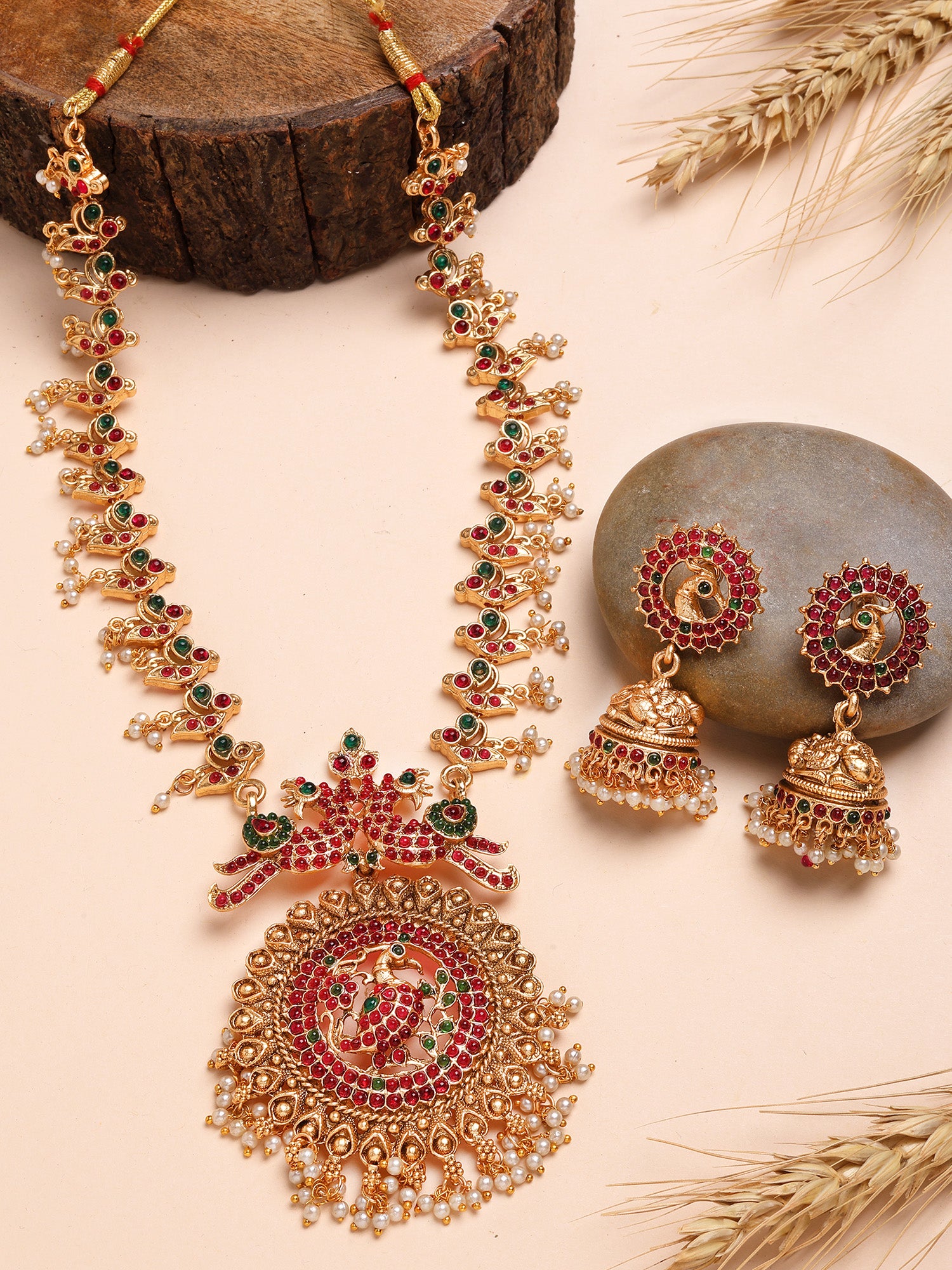 Karatcart Traditional South Indian Style Peacock Temple Necklace Set Red and Green Detailing