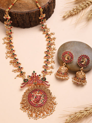 Karatcart Traditional South Indian Style Peacock Temple Necklace Set Red and Green Detailing