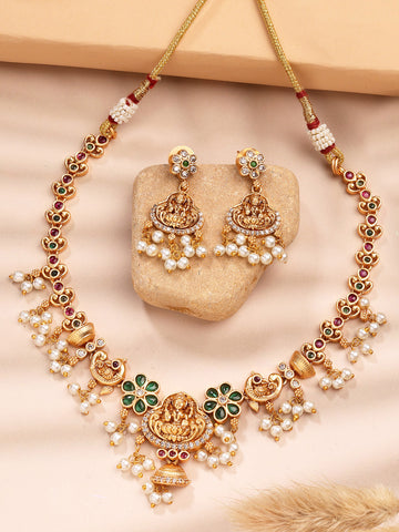 Karatcart Gold Plated Laxmi Mata Red and Green Stone Temple Jewellery Set for Women