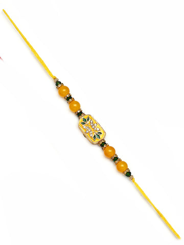 Karatcart Set of 3 Red, Blue and Yellow Enamel Floral Design Rakhi for Brother with Roli & Chawal