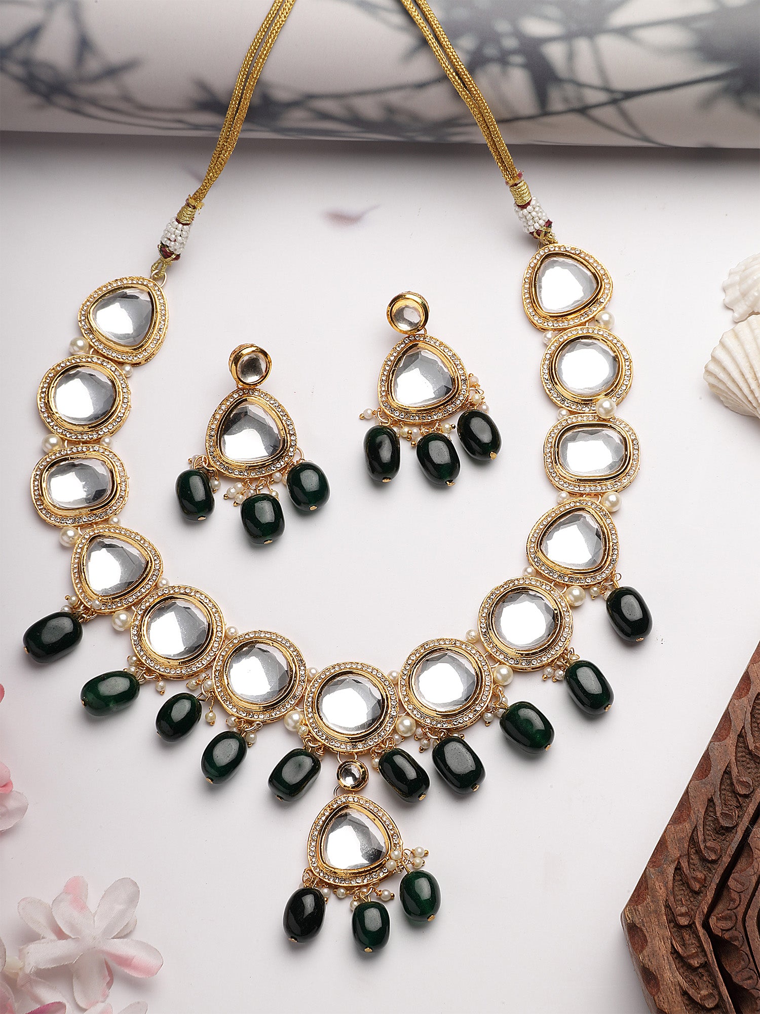 Karatcart Green Tumble Polki Kundan Rani Haar Necklace Set for Women