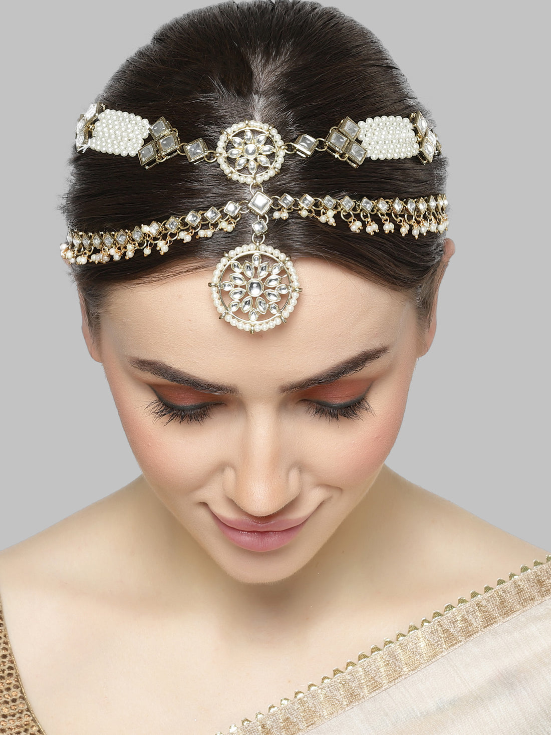 Karatcart Gold Plated Pearl and Kundan Double Line Mathapattti for Women