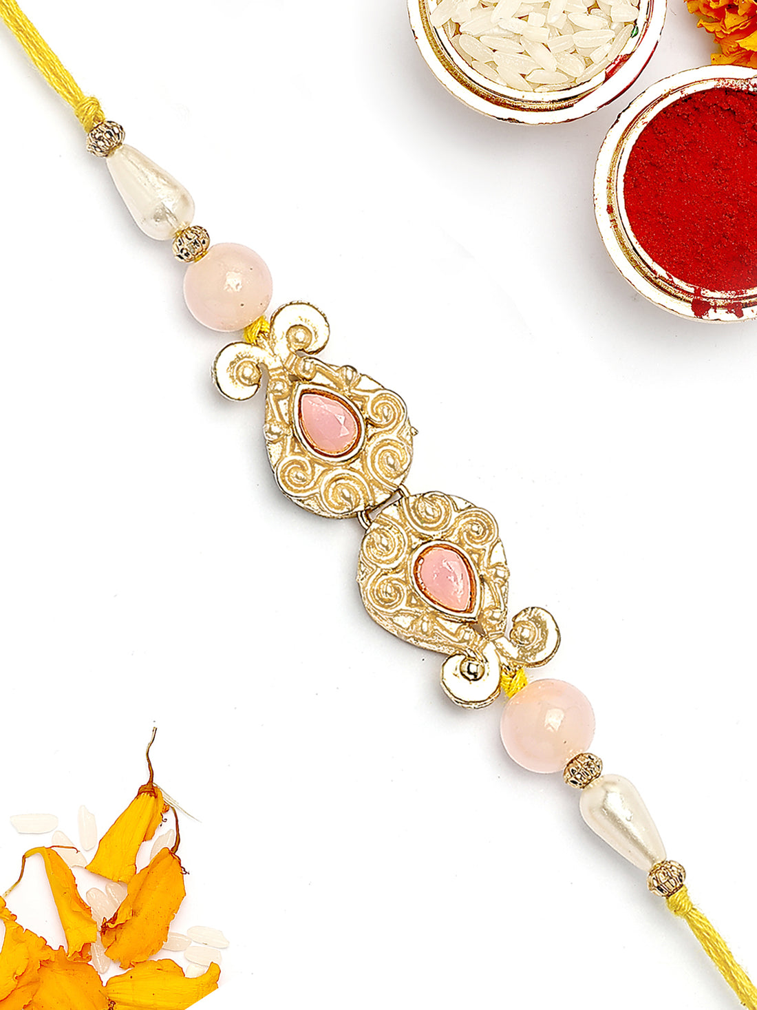 KARATCART Gold Plated Pink Beads Kundan Bhaiya Rakhi with Roli & Chawal