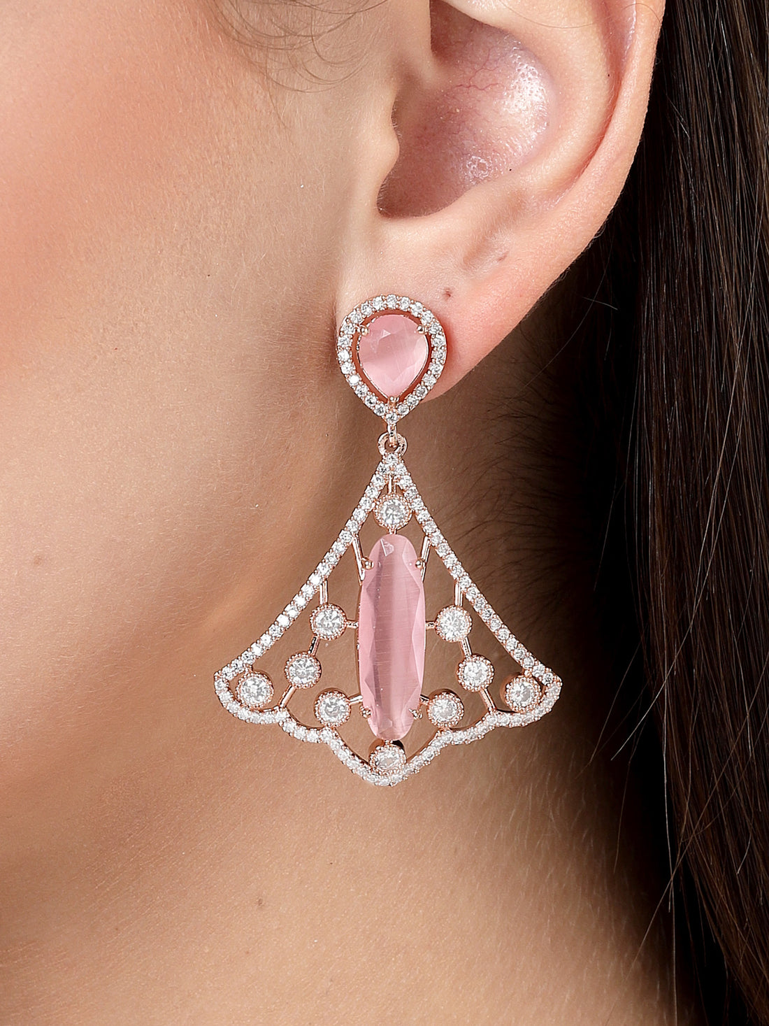Karatcart Sparkling Rose Gold Earrings with Pink American Diamond Drops