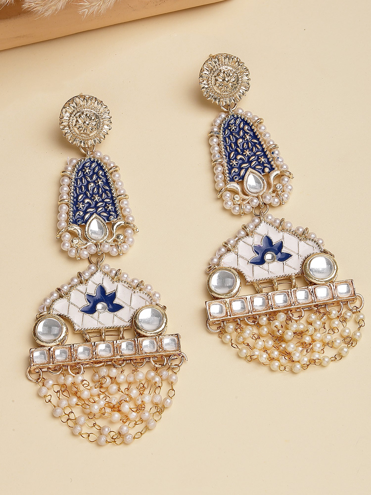 Karatcart Designer Gold Plated Kundan Dangler Earrings with White & Blue Meenakari Work