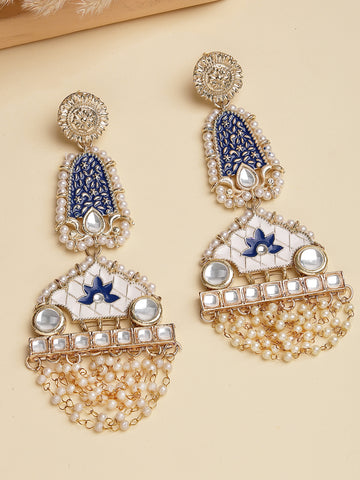 Karatcart Designer Gold Plated Kundan Dangler Earrings with White & Blue Meenakari Work