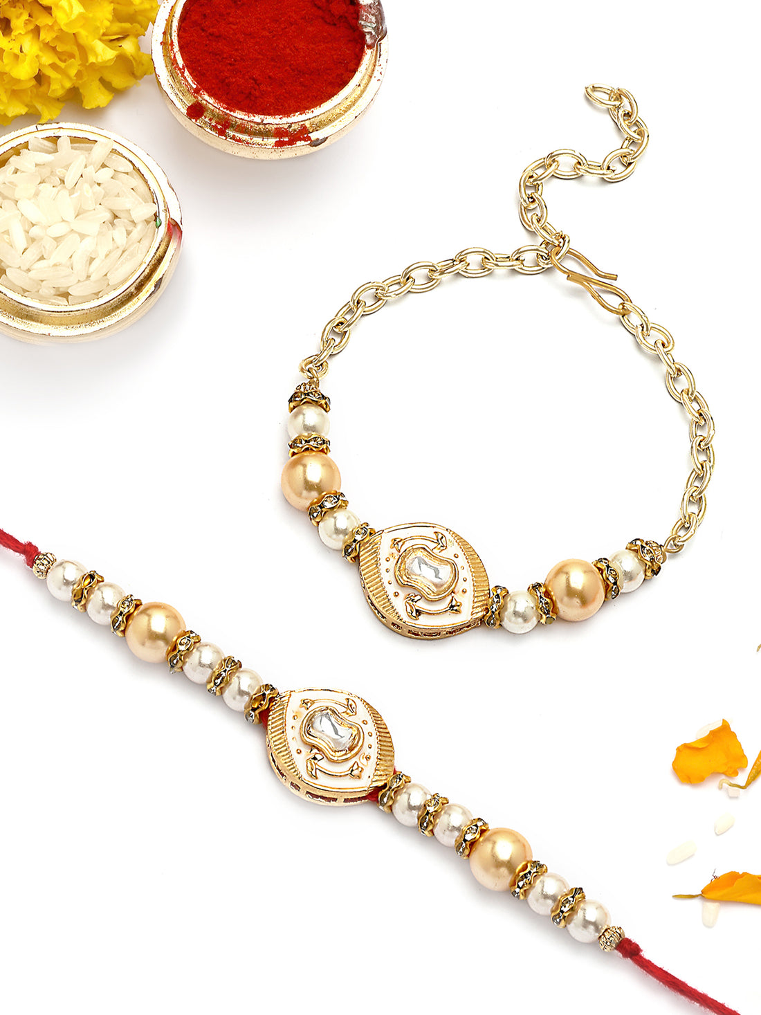 KARATCART Golden Beads and Pearl Meenakari Kundan Bhaiya Bhabhi Rakhi with Roli & Chawal