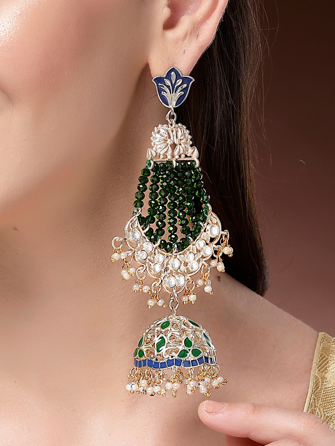 Karatcart Elegant Gold Plated Green Crystal Kundan Meenakari Dangler Jhumki Earrings for Women