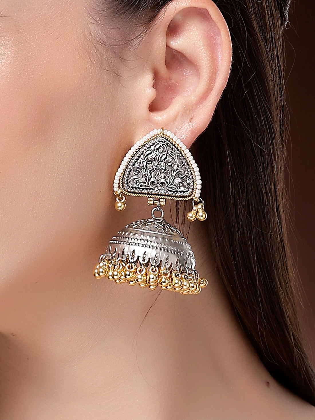 Karatcart Elegant Oxidized Silver-Plated Engraved Triangle Top Jhumka Earrings with Golden Beads