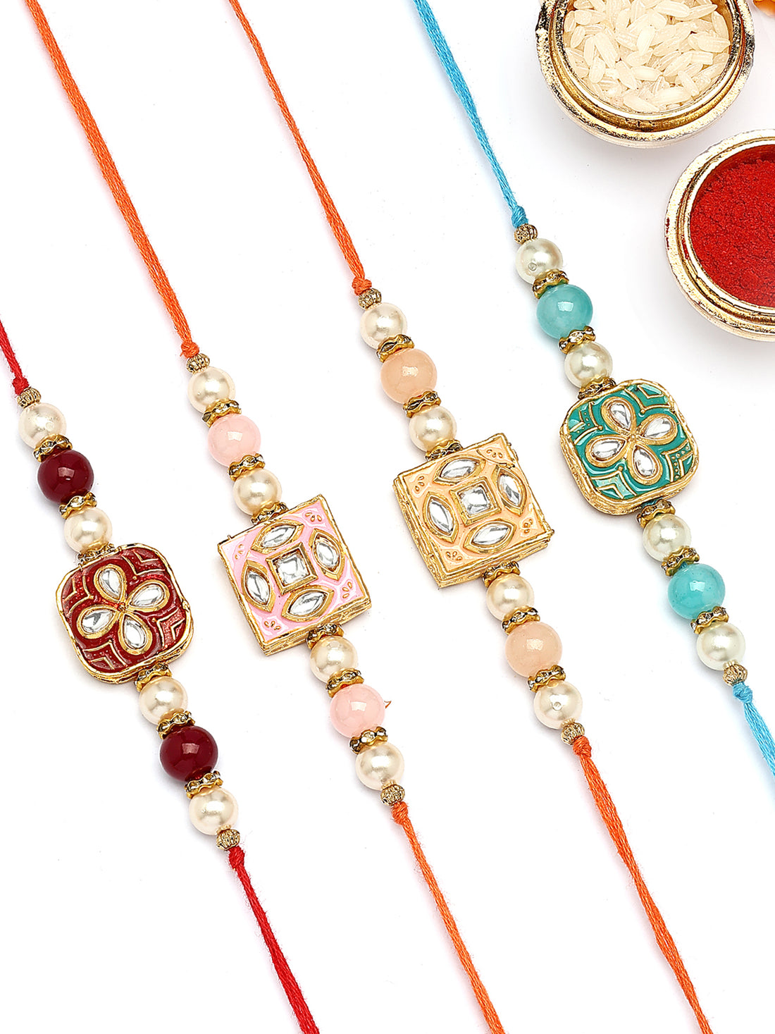 KARATCART Set of 4 Square Floral Design Enamel Kundan Rakhi for Brother with Roli & Chawal