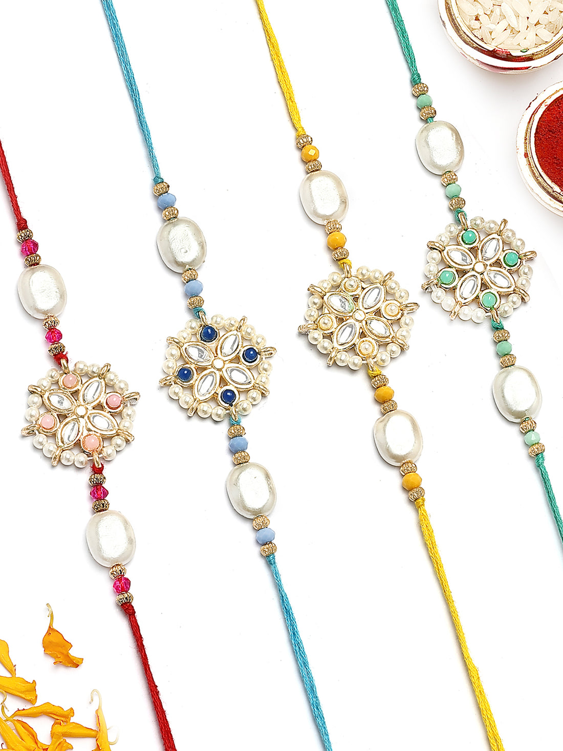 KARATCART Set of 4 Floral Design Kundan Rakhi for Brother with Roli & Chawal