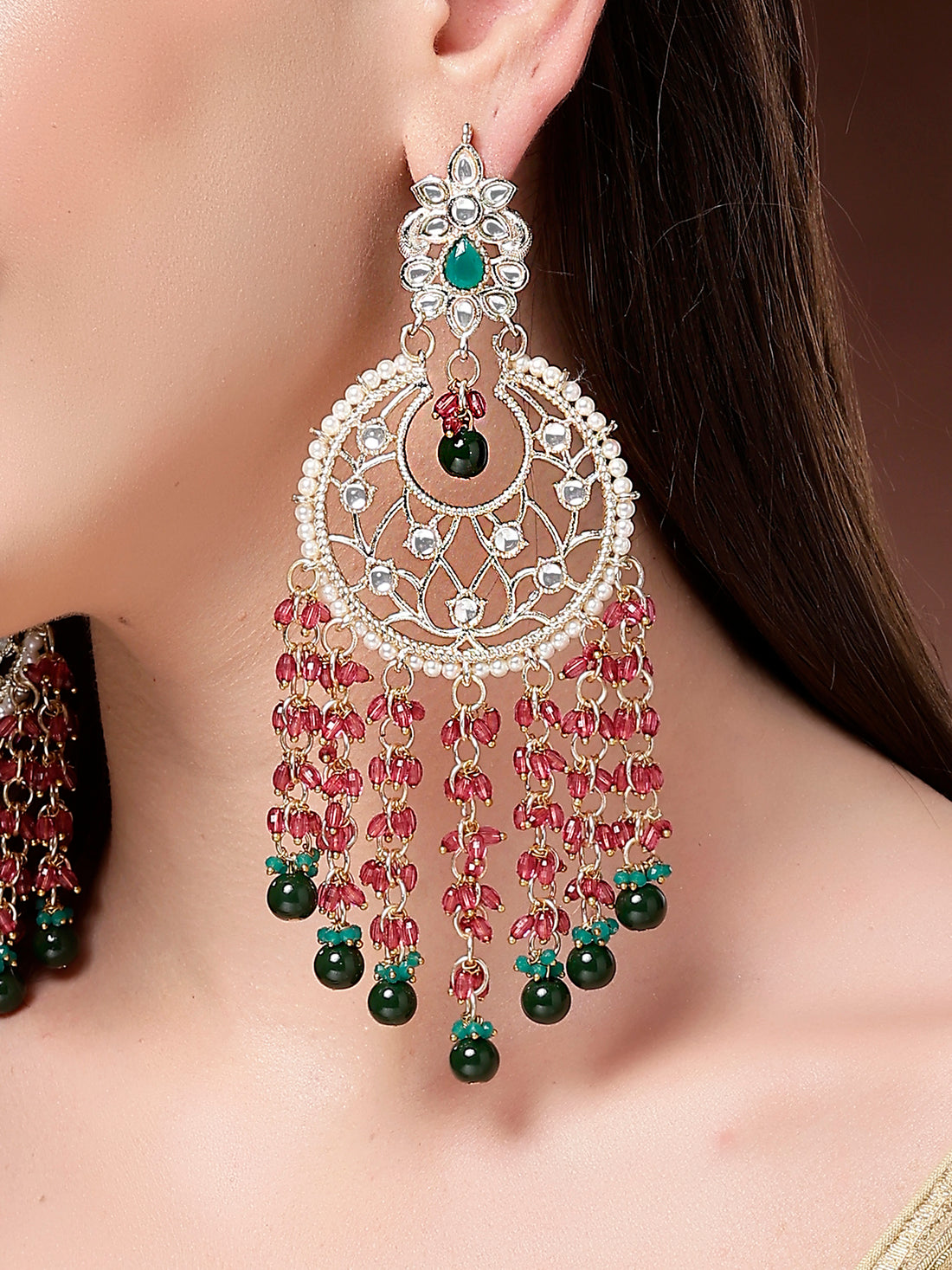 Karatcart Traditional Gold Plated Red Crystal & Green Bead Kundan Chandbali Earrings for Women
