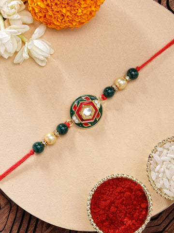 KARATCART Vibrant Red and Green Meena Handmade Polki Kundan Rakhi for Brother with Roli & Chawal