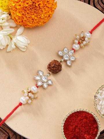 KARATCART Traditional Rudraksha and Pearl Handmade Kundan Rakhi for Brother with Roli & Chawal