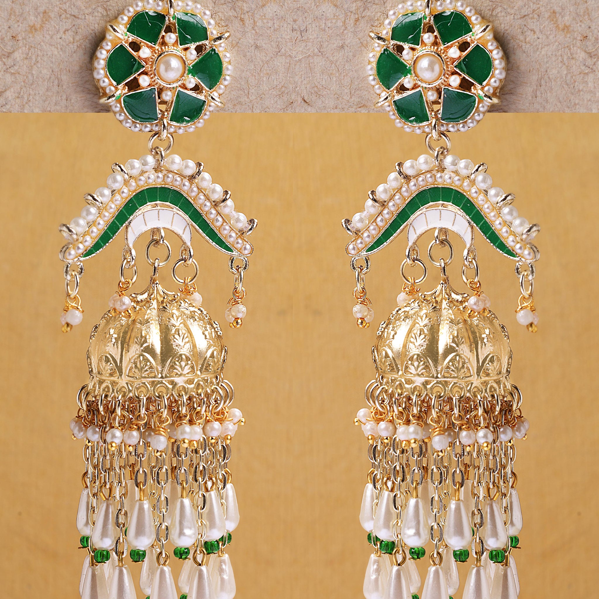 Karatcart Traditional Gold-Plated Green Enamel Kundan Dome Jhumka Earrings with Drop Pearls