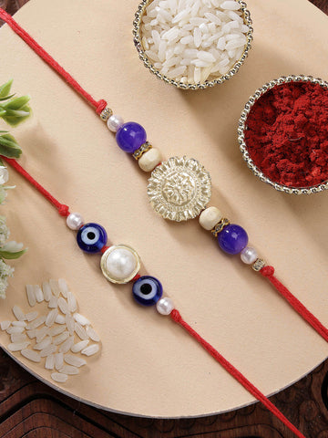 KARATCART Set of 2 Evil Eye and Pearl Handmade Kundan Rakhi for Brother with Roli and Chawal