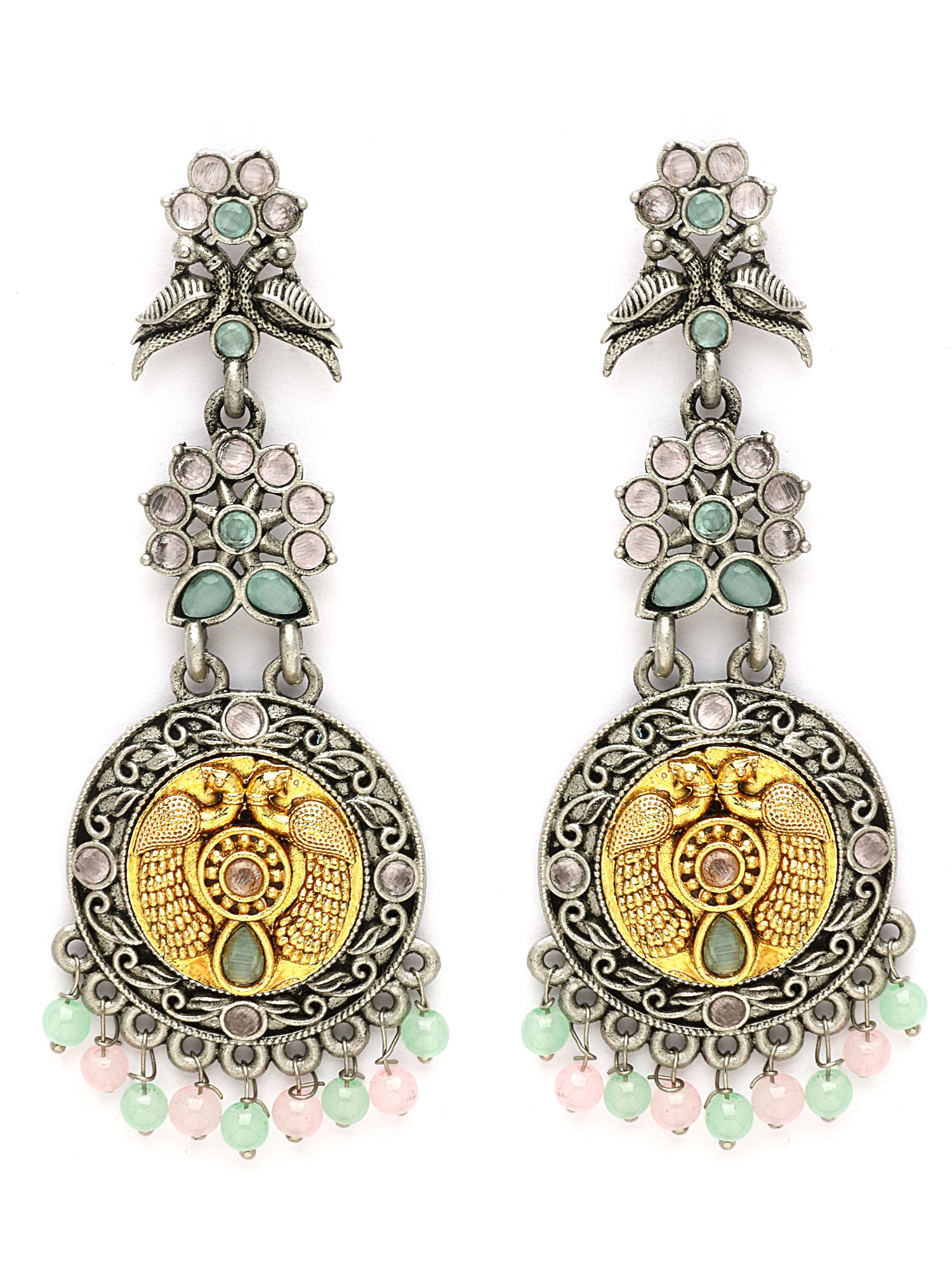 Karatcart Dual-Toned Oxidized Designer Earrings with Peacock Motif, Pastel Stones Danglers for Women